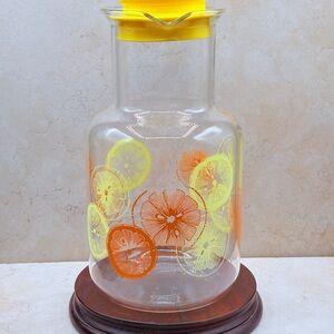 Vintage Pyrex 2 Qt Glass Juice Pitcher Carafe With Lid Orange Lemon #3520